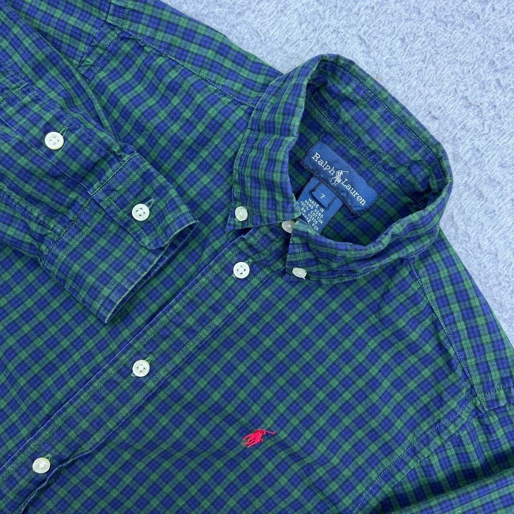 Ralph Lauren Boy's Shirt Green Check Button‎ Up Collared Long Sleeve Youth S 7